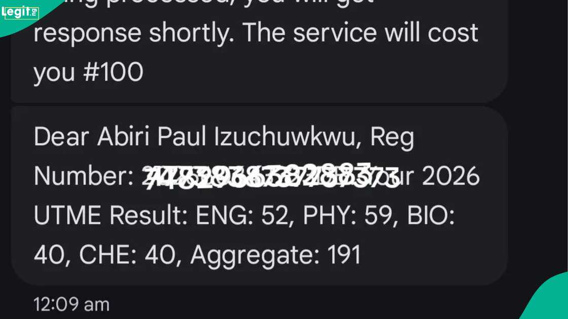 A young man posts his result after writing the 2026 UTME