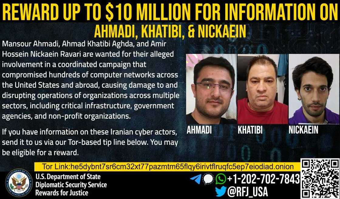 This handout image by the US State Department shows Iranian cyber actors wanted for their alleged involvement in a coordinated campaign to hack and extort hundreds of computer networks and organizations in the United States and abroad This handout image by the US State Department shows Iranian cyber actors wanted for their alleged involvement in a coordinated campaign to hack and extort hundreds of computer networks and organizations in the United States and abroad