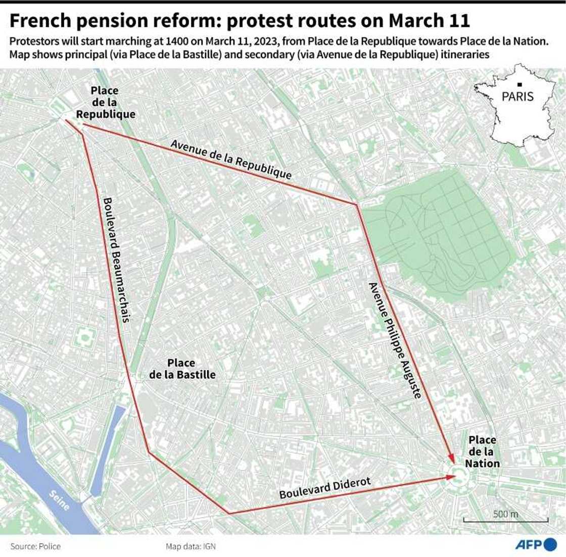 French pension reform: protest route in Paris