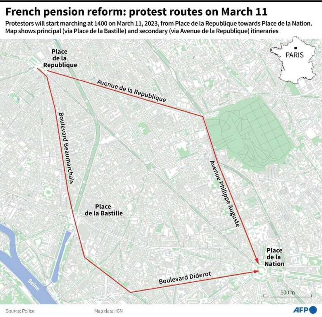 French pension reform: protest route in Paris French pension reform: protest route in Paris