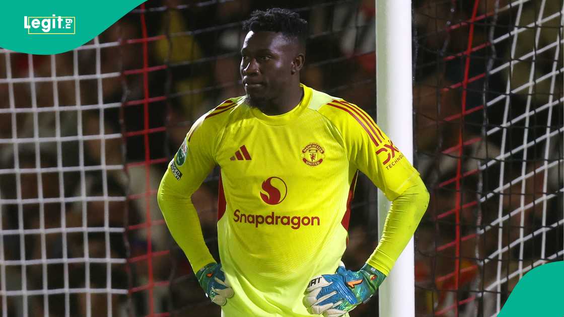 Andre Onana, Manchester United, Grimsby Town, Blundell Park, Carabao Cup. Andre Onana, Manchester United, Grimsby Town, Blundell Park, Carabao Cup.