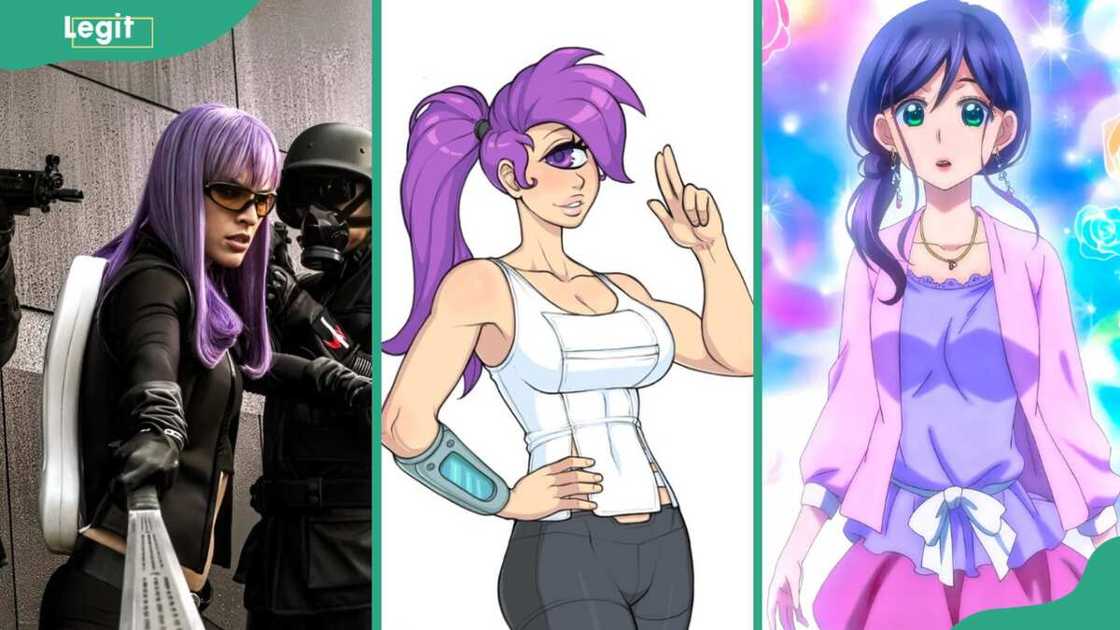 Characters with purple hair; Violet Song Jat Shariff, Turanga Leela, Kae Serinuma Characters with purple hair; Violet Song Jat Shariff, Turanga Leela, Kae Serinuma