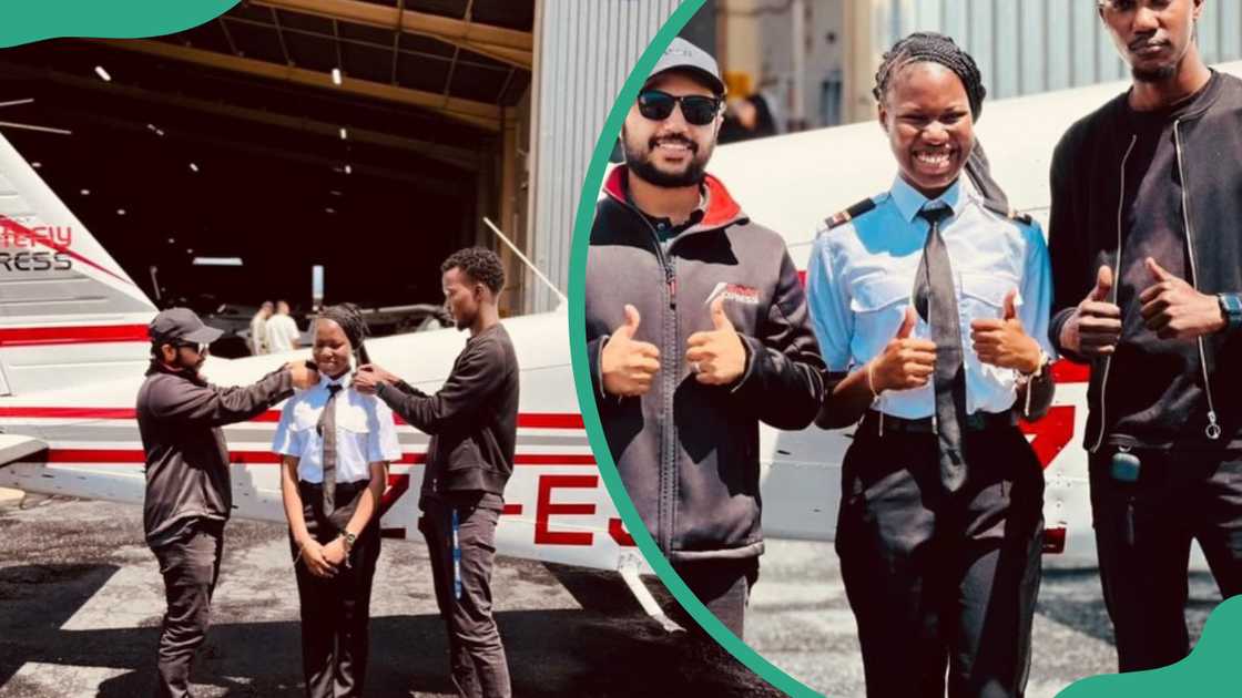 A student standing with Zino aviation flight instructors on the tarmac
