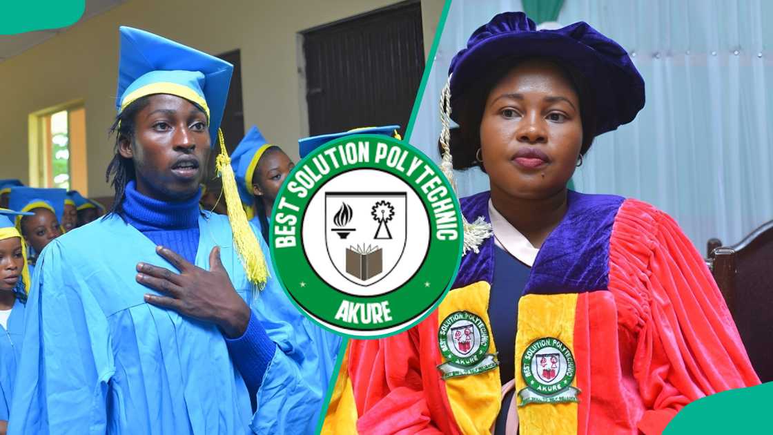 A student holding his chest during graduation (L), Best Solution Polytechnic, Akure logo (C), and a lecturing in graduation attire (R) A student holding his chest during graduation (L), Best Solution Polytechnic, Akure logo (C), and a lecturing in graduation attire (R)