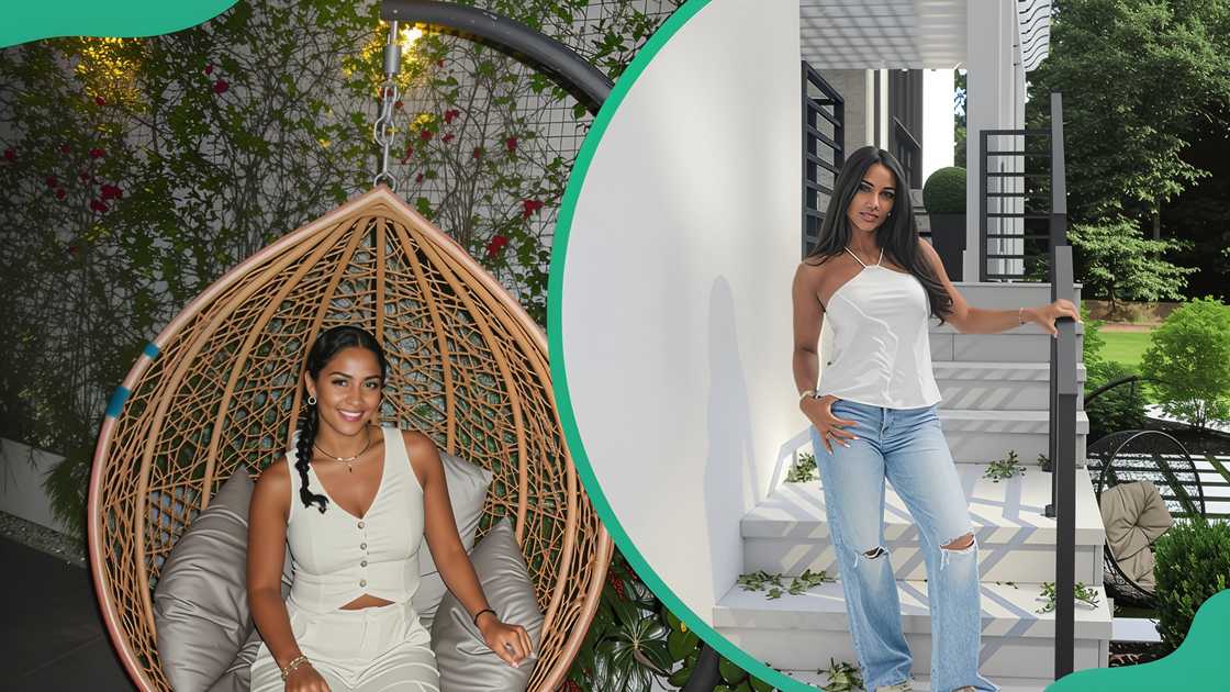 Antonia Gorga posing while sitting on a swing chair (L). Antonia posing with one thumb in pocket (R). Antonia Gorga posing while sitting on a swing chair (L). Antonia posing with one thumb in pocket (R).