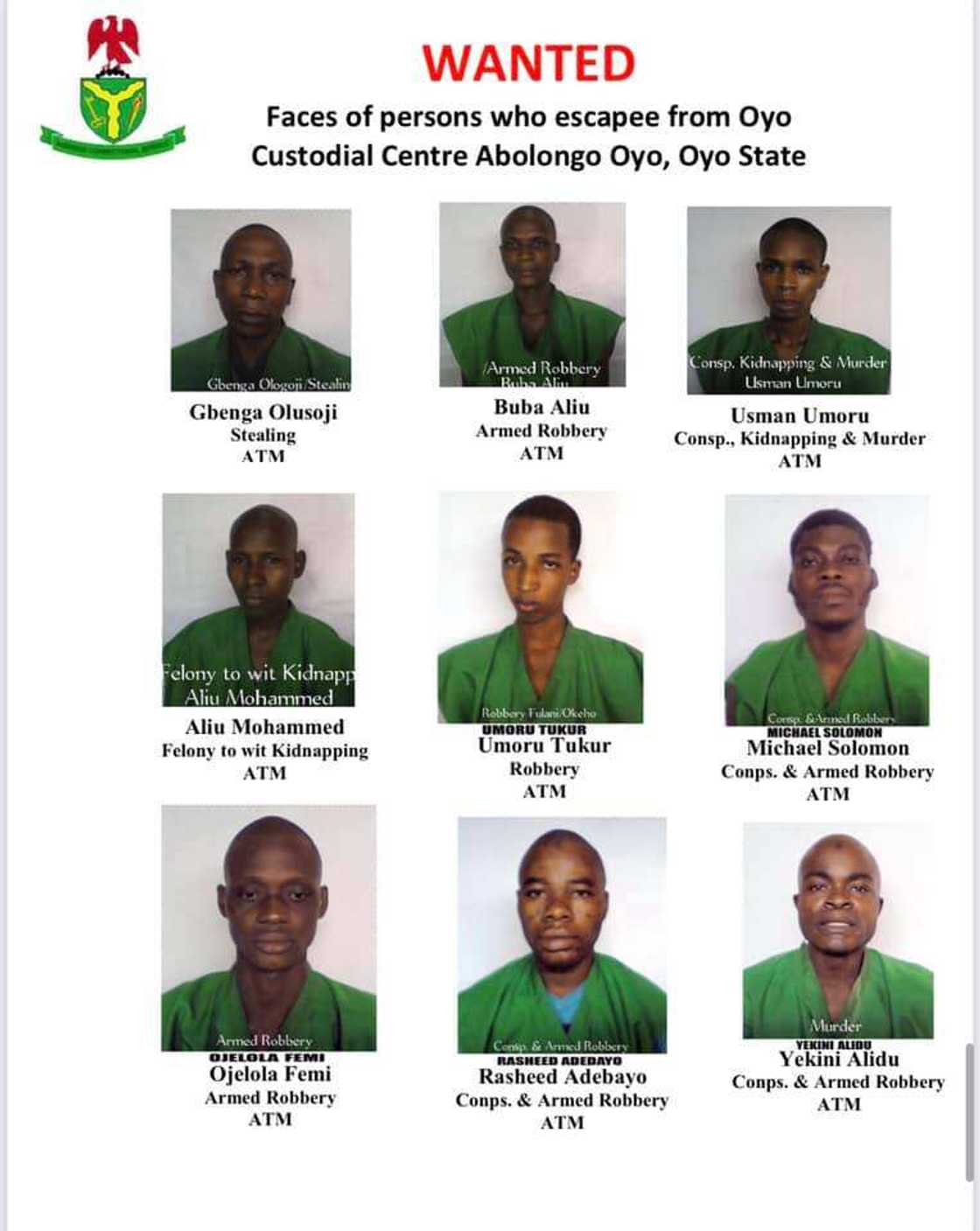 FG releases names, pictures of escaped inmates from Oyo prison FG releases names, pictures of escaped inmates from Oyo prison