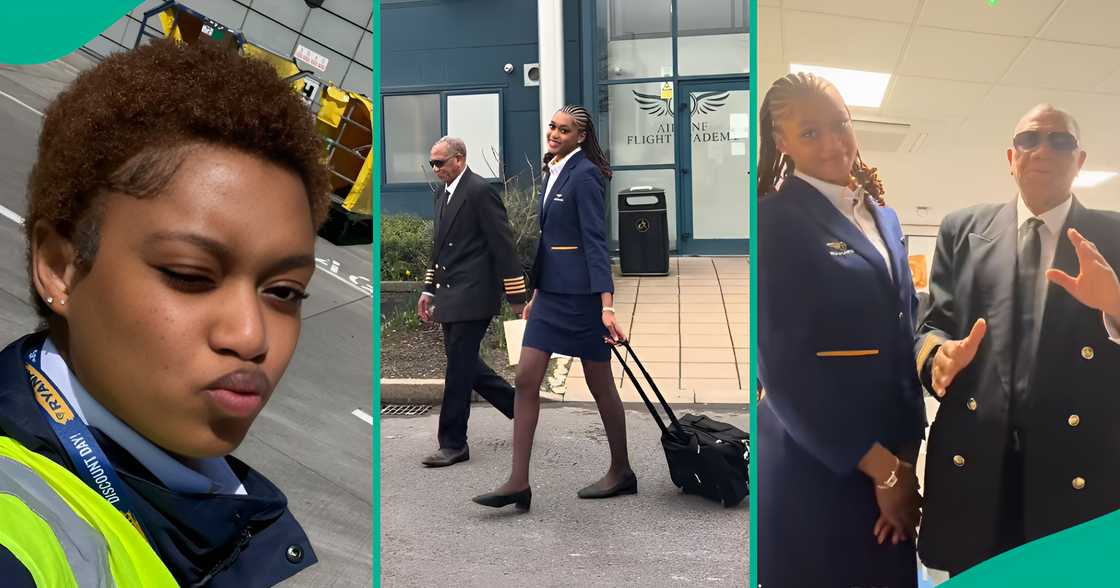 Lady proudly shows off her father who's a pilot.