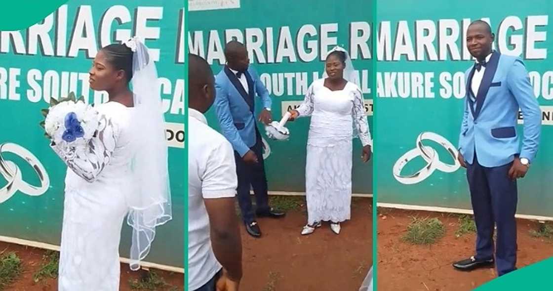 Groom knocks down flower bouquet from bride's hand during court wedding. Groom knocks down flower bouquet from bride's hand during court wedding.