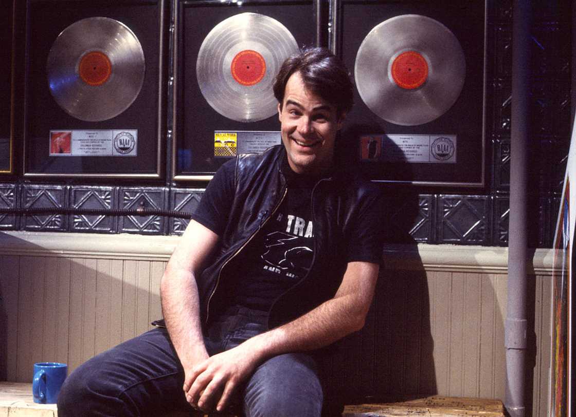 Dan Aykroyd posing during an interview at MTV Studios