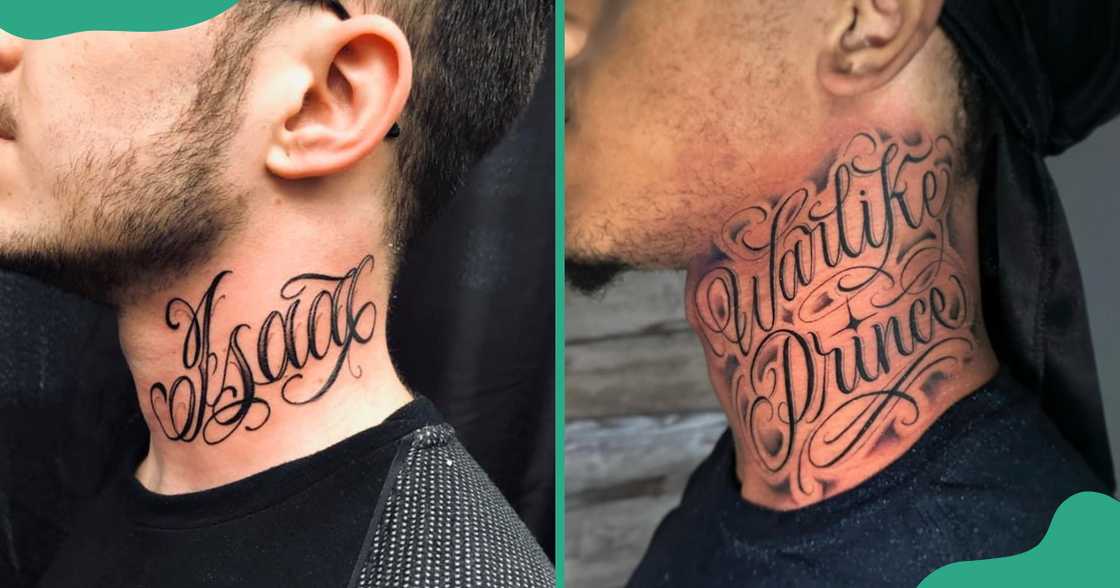 Two throat tattoos with the Calling Angels font