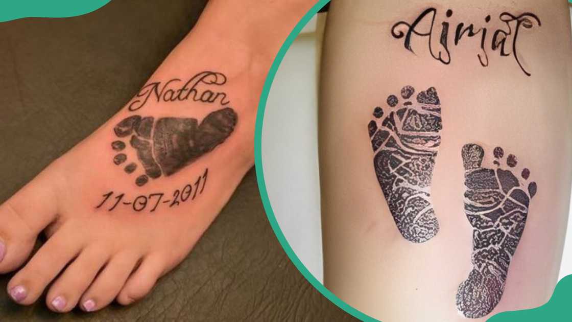 Footprint with kids' names tattoo