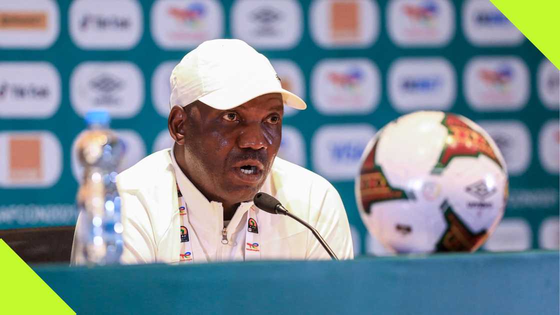 Augustine Eguavoen during a press conference at the 2021 AFCON tournament