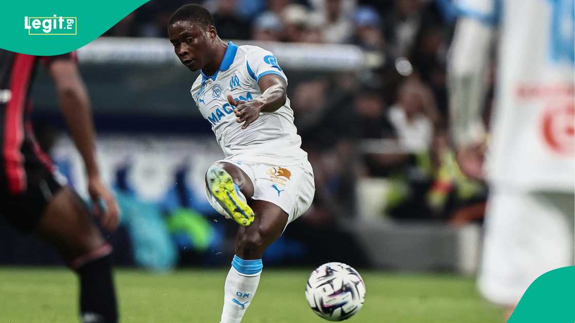 Tochukwu Nnadi passes the ball during the French Ligue 1 match against Nice at the Velodrome stadium. Photo by Thibaud MORITZ Tochukwu Nnadi passes the ball during the French Ligue 1 match against Nice at the Velodrome stadium. Photo by Thibaud MORITZ