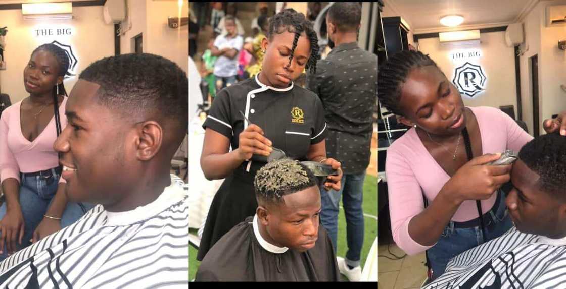 Social media reacts as pretty lady becomes full time barber after finishing university