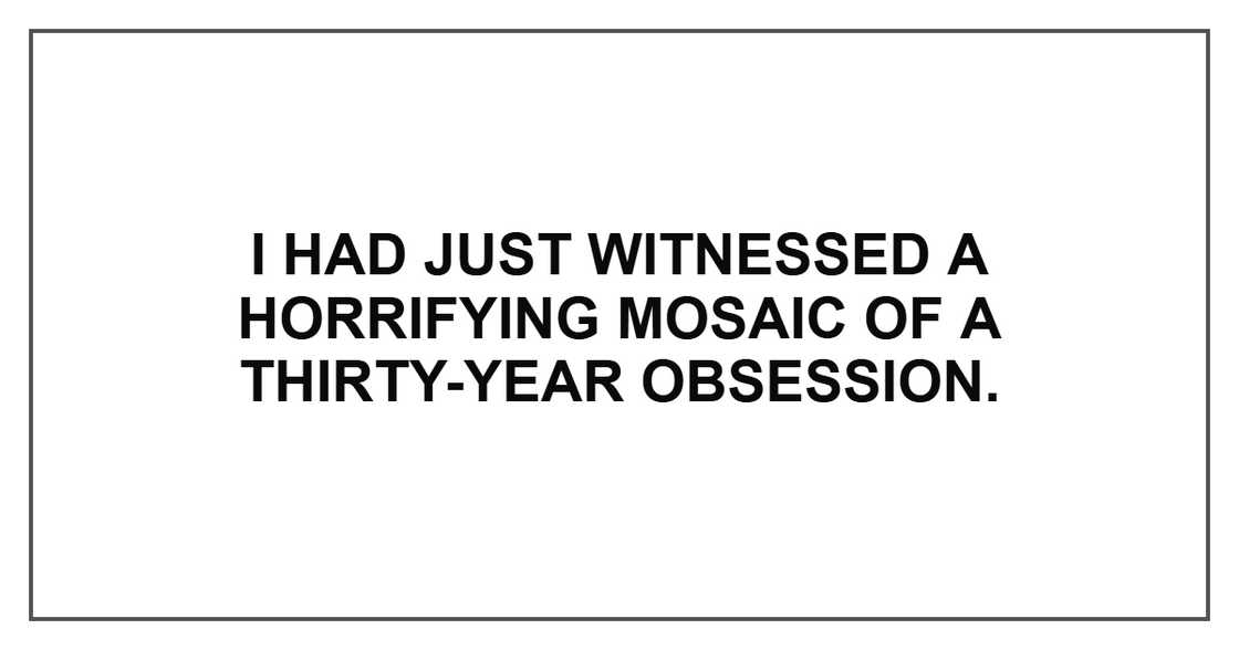 I had just witnessed a horrifying mosaic of a thirty-year obsession.