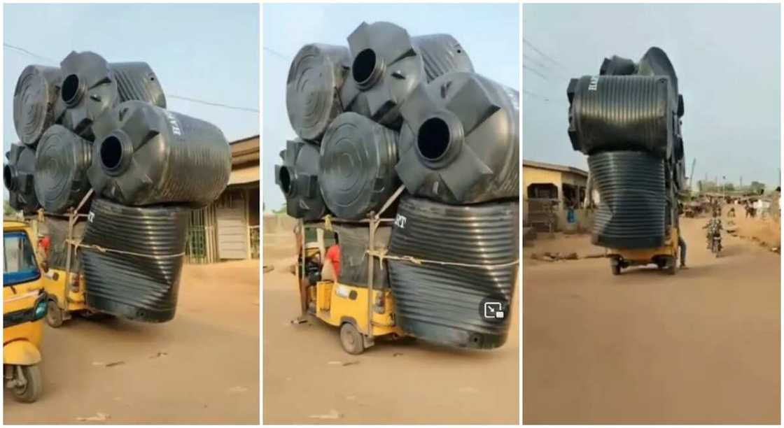 Nigerian man ridding Keke Napep stuns many with the number tank he can carry.