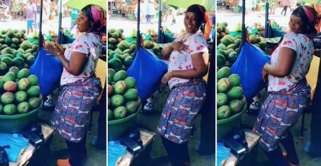 Photos of a mango seller dancing in her shop.