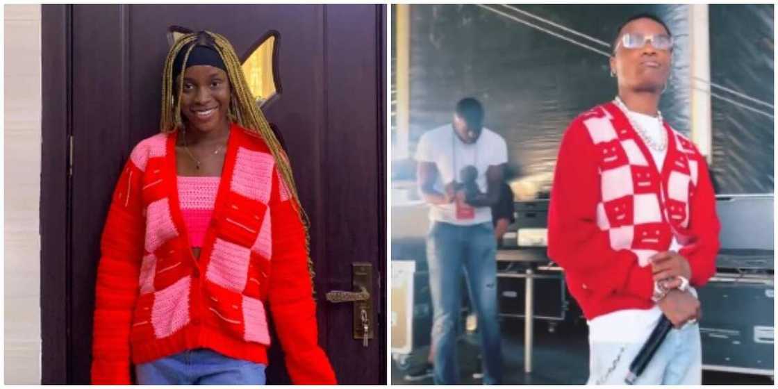 Photos of Lola and Wizkid in red cardigans. Photos of Lola and Wizkid in red cardigans.