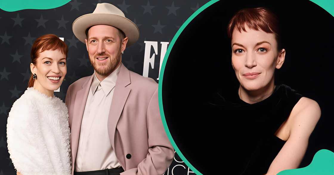 Britt Lower's partner, Kenna Kennor poses with her during the 2026 Critics Choice award. The actress poses sitting.