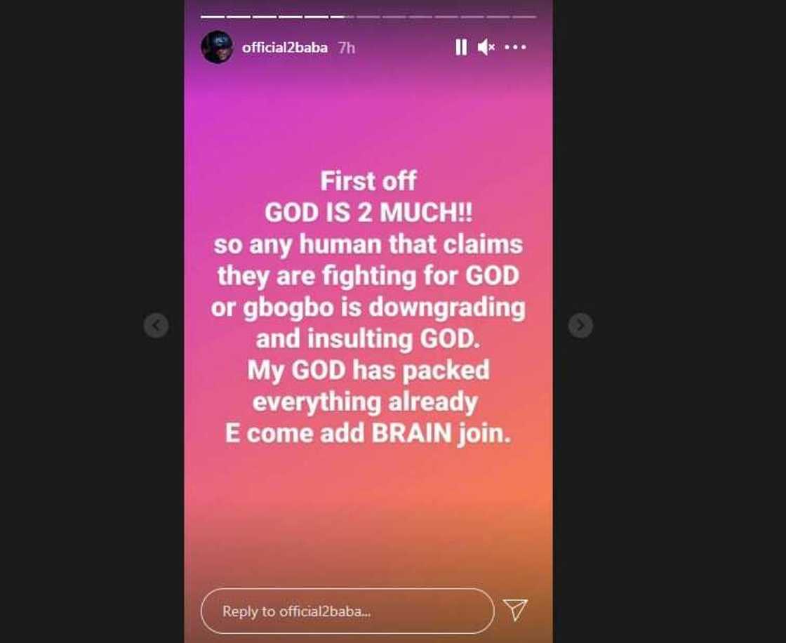 Any human claiming to fight for God is downgrading Him: 2baba says Any human claiming to fight for God is downgrading Him: 2baba says