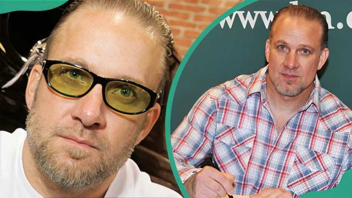 Jesse James at his home garage (L). The TV personality signing a copy of a book (R). Jesse James at his home garage (L). The TV personality signing a copy of a book (R).