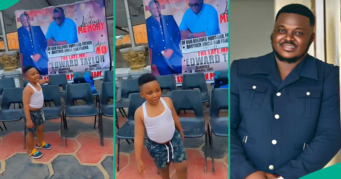 A young boy points to his late father’s obituary banner, unaware of his death, in a viral TikTok video. A young boy points to his late father’s obituary banner, unaware of his death, in a viral TikTok video.