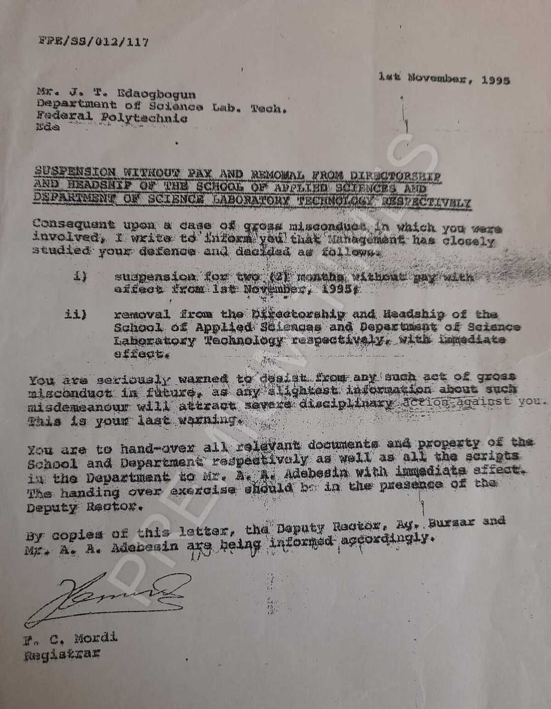 An taba dakatar da Adekolawole daga aiki a 1995 kafin zama Shugaban Poly, Ede An taba dakatar da Adekolawole daga aiki a 1995 kafin zama Shugaban Poly, Ede