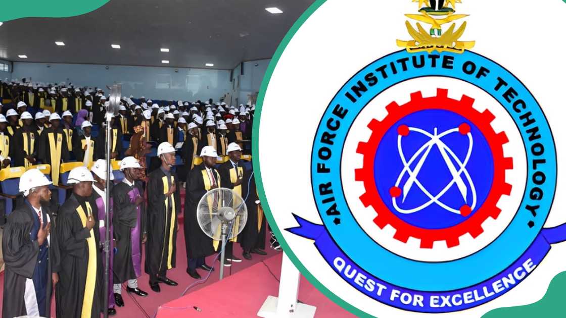 AFIT students during a graduation ceremony (L). The AFIT logo (R). AFIT students during a graduation ceremony (L). The AFIT logo (R).