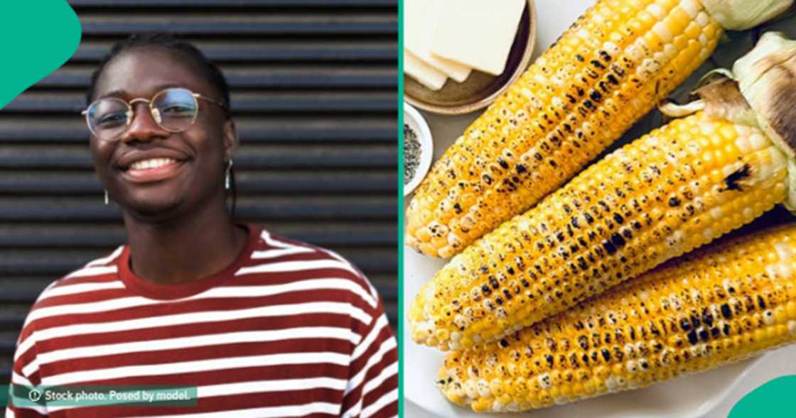 Man reacts as girl he took on a date brings out roasted corn from her bag. Man reacts as girl he took on a date brings out roasted corn from her bag.