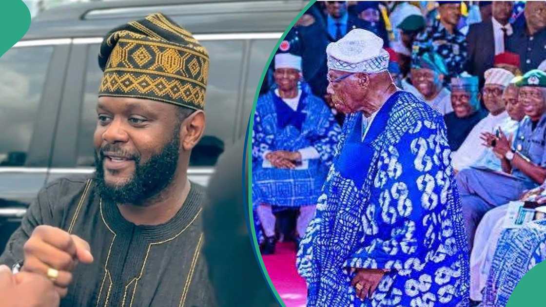 Seyi Tinubu reacts as Obasanjo playfully touches his beard at the event Seyi Tinubu reacts as Obasanjo playfully touches his beard at the event