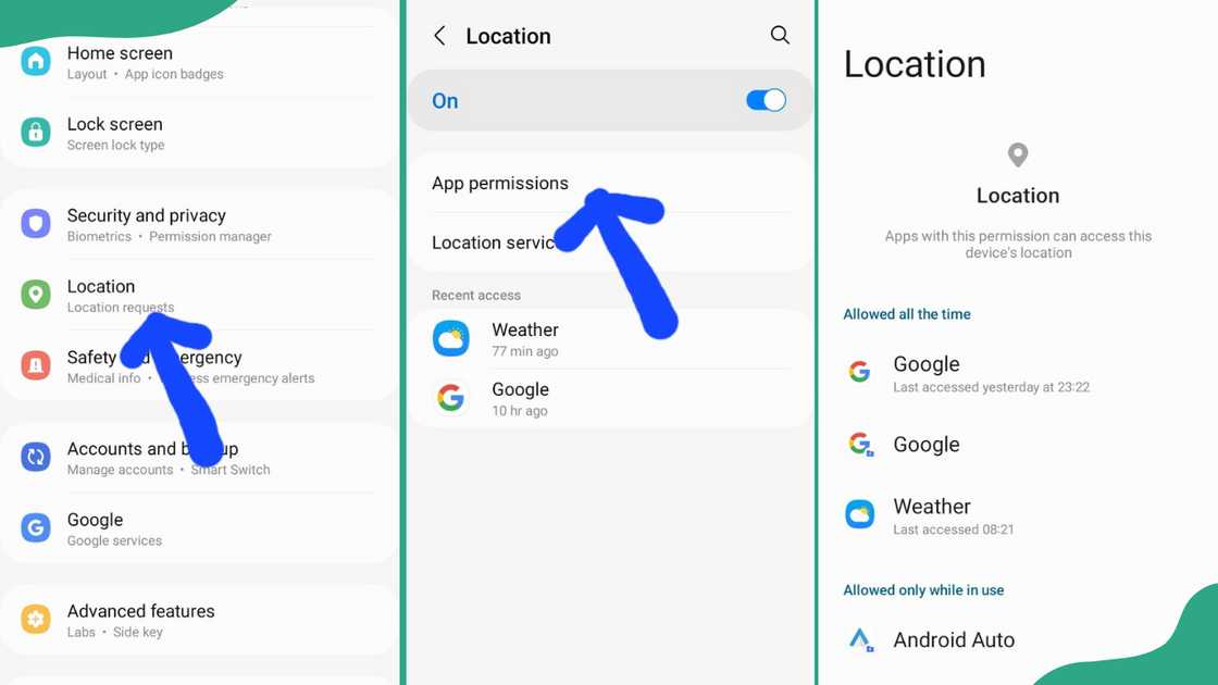 Process of turning location off on Android device