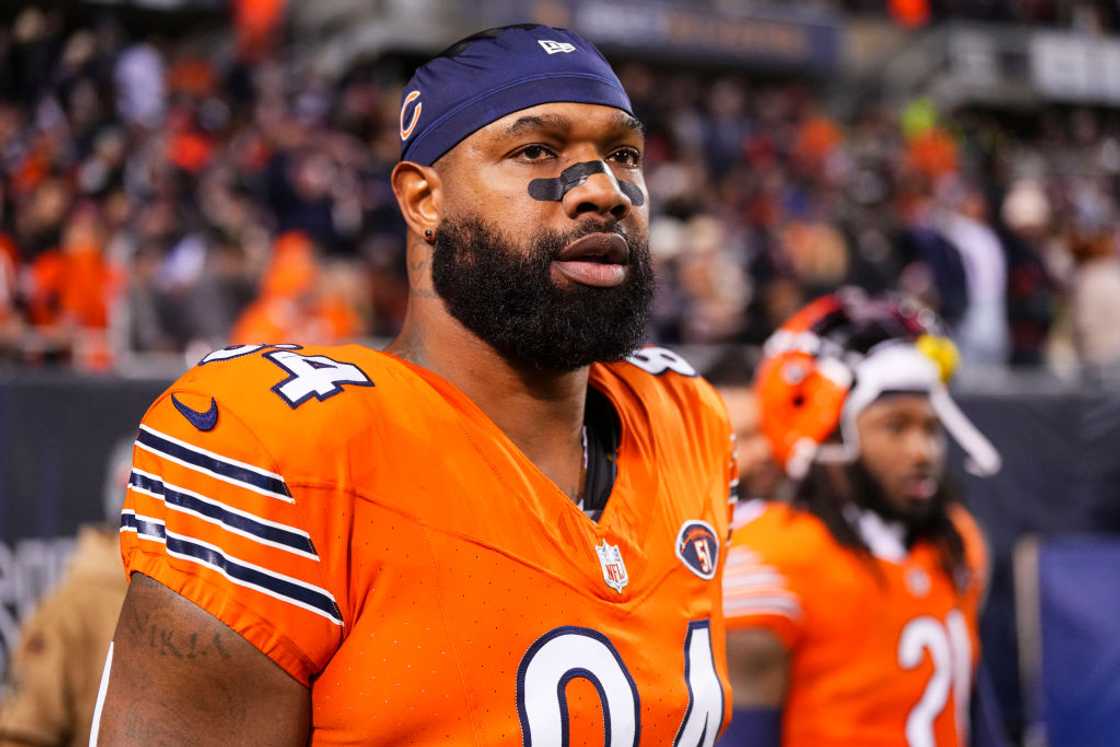 Marcedes Lewis #84 of the Chicago Bears walks out of the tunnel during an NFL football game