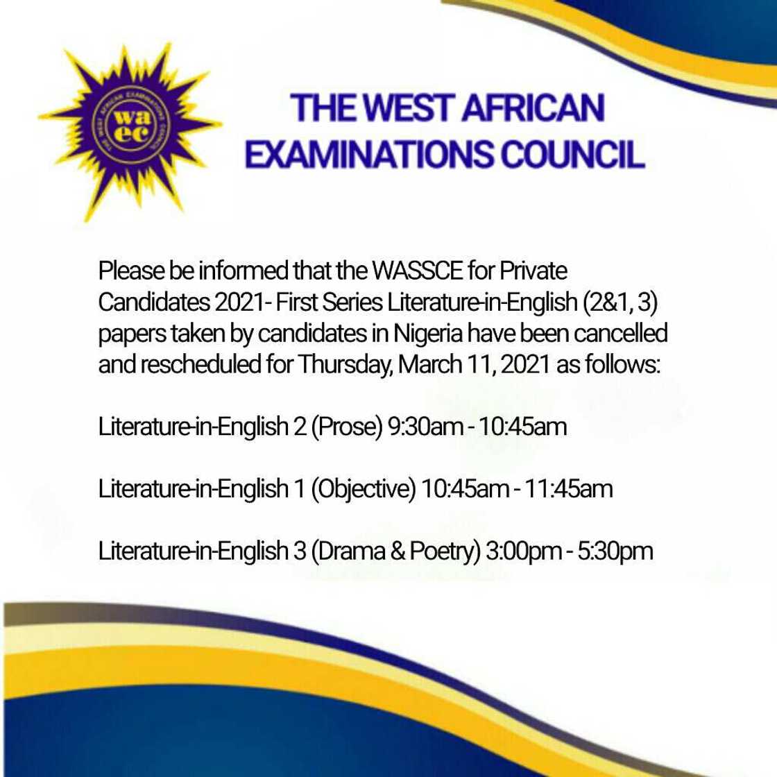 Wata sabuwa: WAEC ta soke jarabawar ɗalibai masu zaman kansu
Hoto: @waecnigeria Wata sabuwa: WAEC ta soke jarabawar ɗalibai masu zaman kansu
Hoto: @waecnigeria