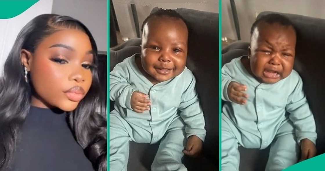 3-month-old baby stops crying and smiles after seeing a camera. 3-month-old baby stops crying and smiles after seeing a camera.