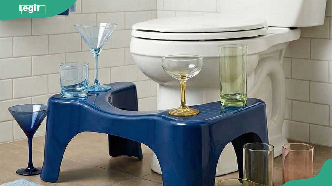 A blue Squatty Potty toilet