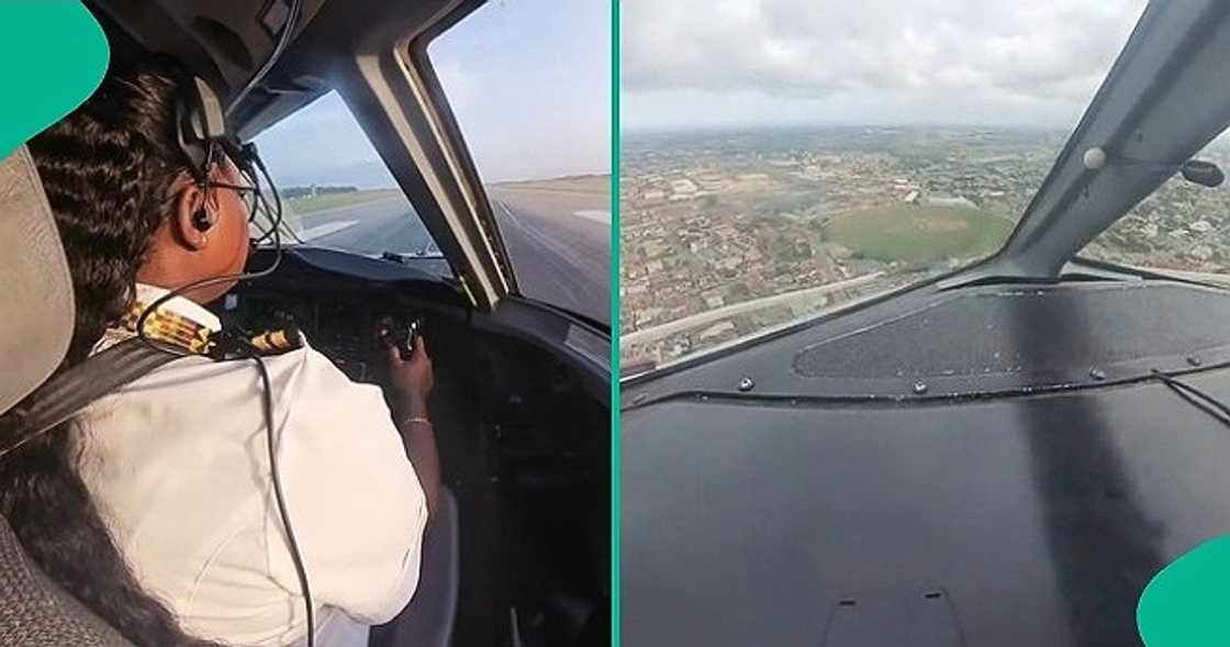 Female pilot skillfully butters the landing of an aeroplane.