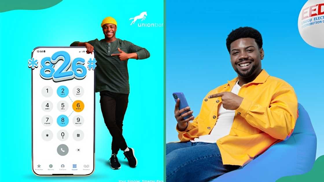 A man advertising the Union Bank USSD code and another pointing to a smart phone A man advertising the Union Bank USSD code and another pointing to a smart phone