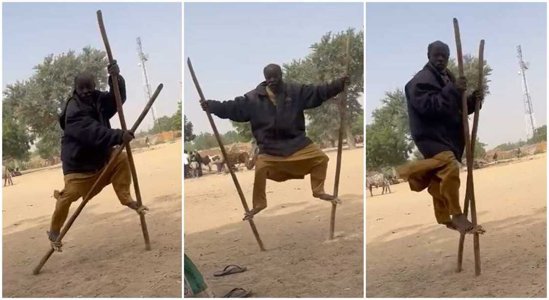 Photos of an old man performing funny movie stunts.