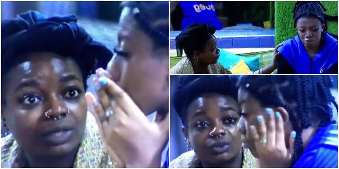 Arin consoles Angel on BBNaija show. Arin consoles Angel on BBNaija show.