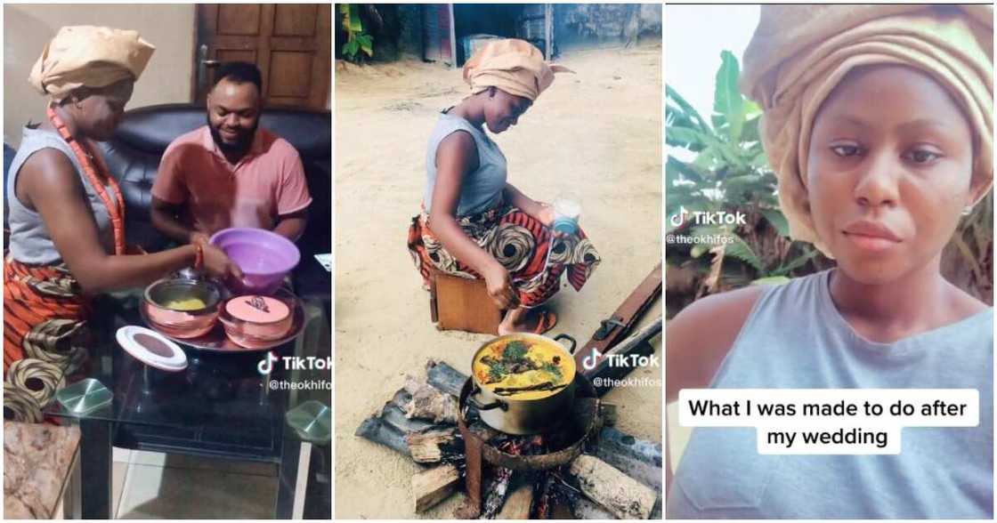 Isoko bride, cooking with firewood, Nigerian bride