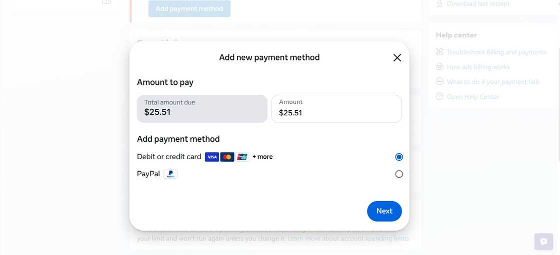 Add payment method screenshot Add payment method screenshot