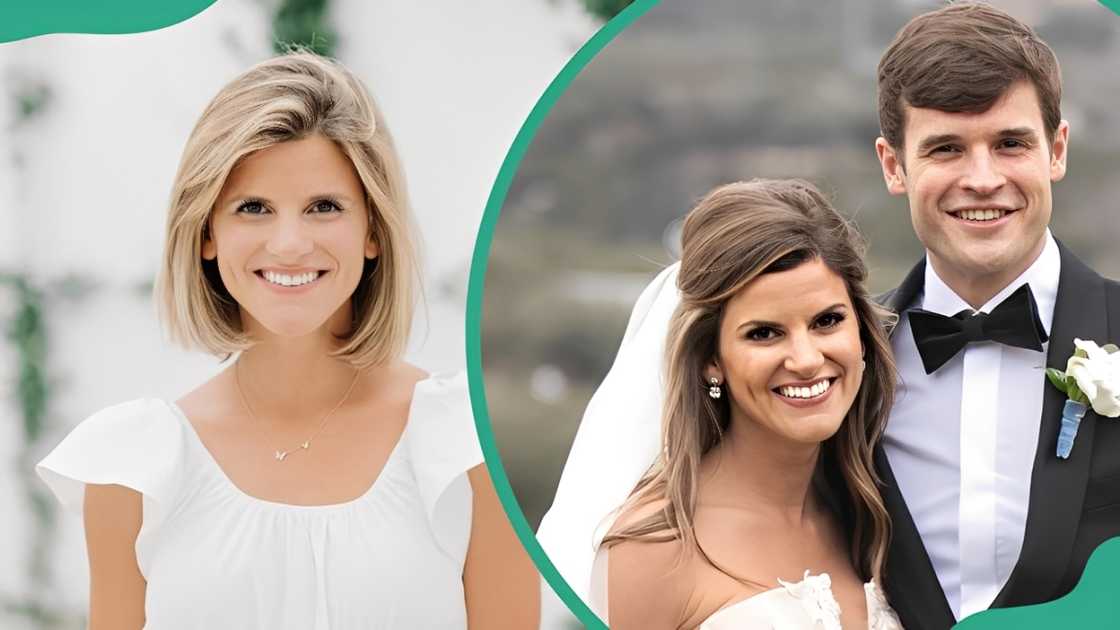 Brighton Butler posing in white and with her ex-husband on their wedding day