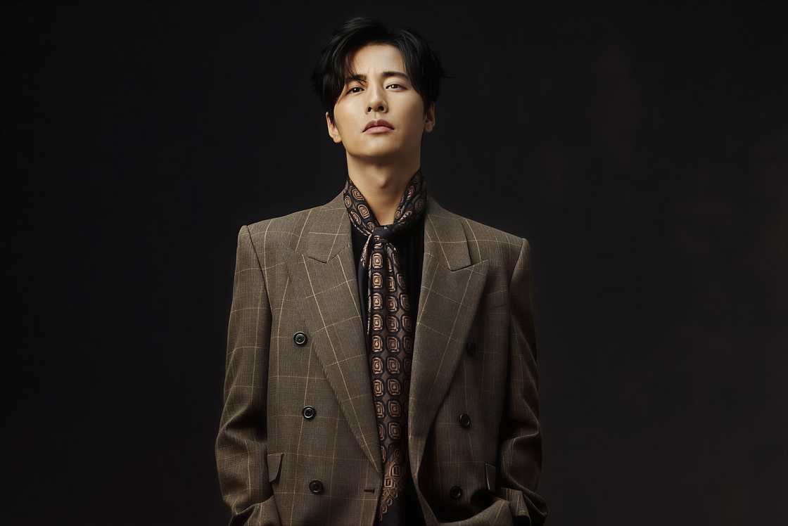 Won Bin poses standing against a black background. Won Bin poses standing against a black background.