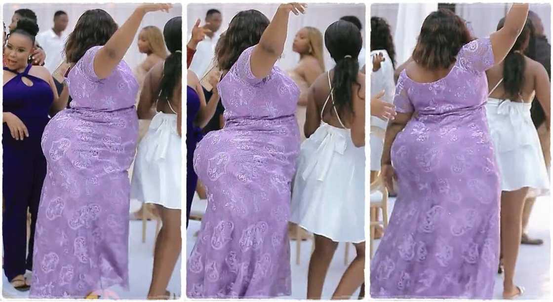 Photos of a chubby lady posing for a dance during a wedding.