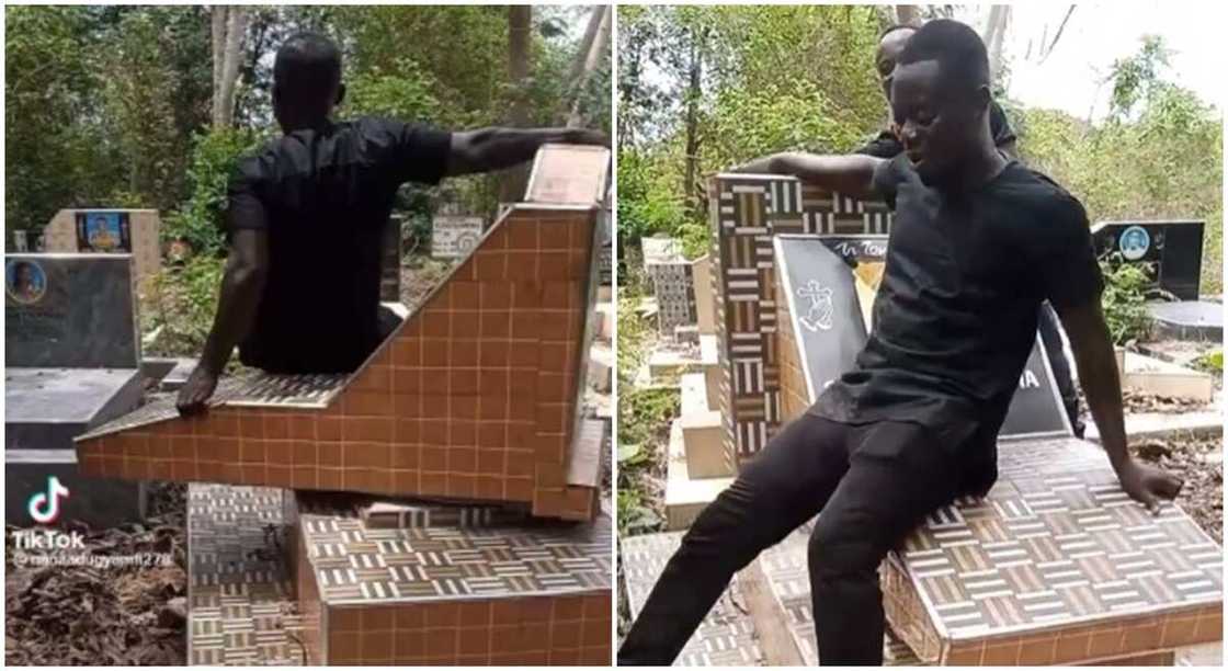 Nigerians react as Ghanaian man is seen sitting and playing on top of a spinning tomb. Nigerians react as Ghanaian man is seen sitting and playing on top of a spinning tomb.