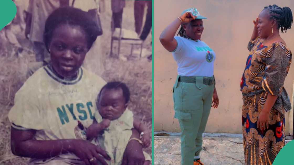 NYSC lady poses in photo with her mother. NYSC lady poses in photo with her mother.