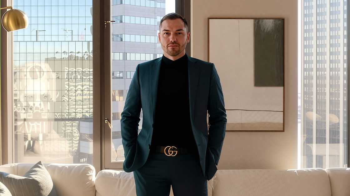 Owning Manhattan's power broker, Jordan Hurt poses standing in a penthouse listing on Wall Street, New York. Owning Manhattan's power broker, Jordan Hurt poses standing in a penthouse listing on Wall Street, New York.