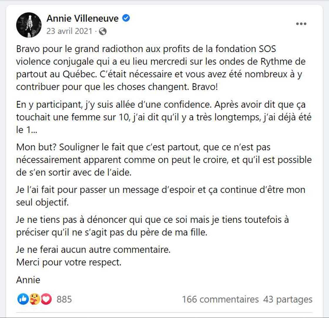 Violences conjugales, Annie Villeneuve soutenue par son ex-conjoint Violences conjugales, Annie Villeneuve soutenue par son ex-conjoint
