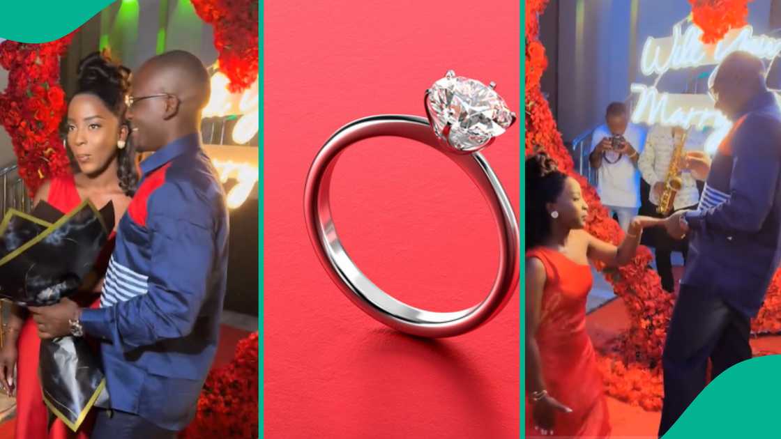 Lady kneels to take engagement ring from her man. Lady kneels to take engagement ring from her man.