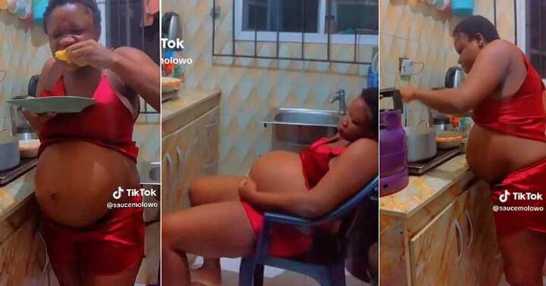 Pregnant woman enters kitchen at midnight to boil corn. Pregnant woman enters kitchen at midnight to boil corn.